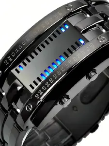 Men's Cool Binary Stainless Steel LED Watch, Bracelet Watch, Fashion Blue Light Sports Watch, Vacuum Plated