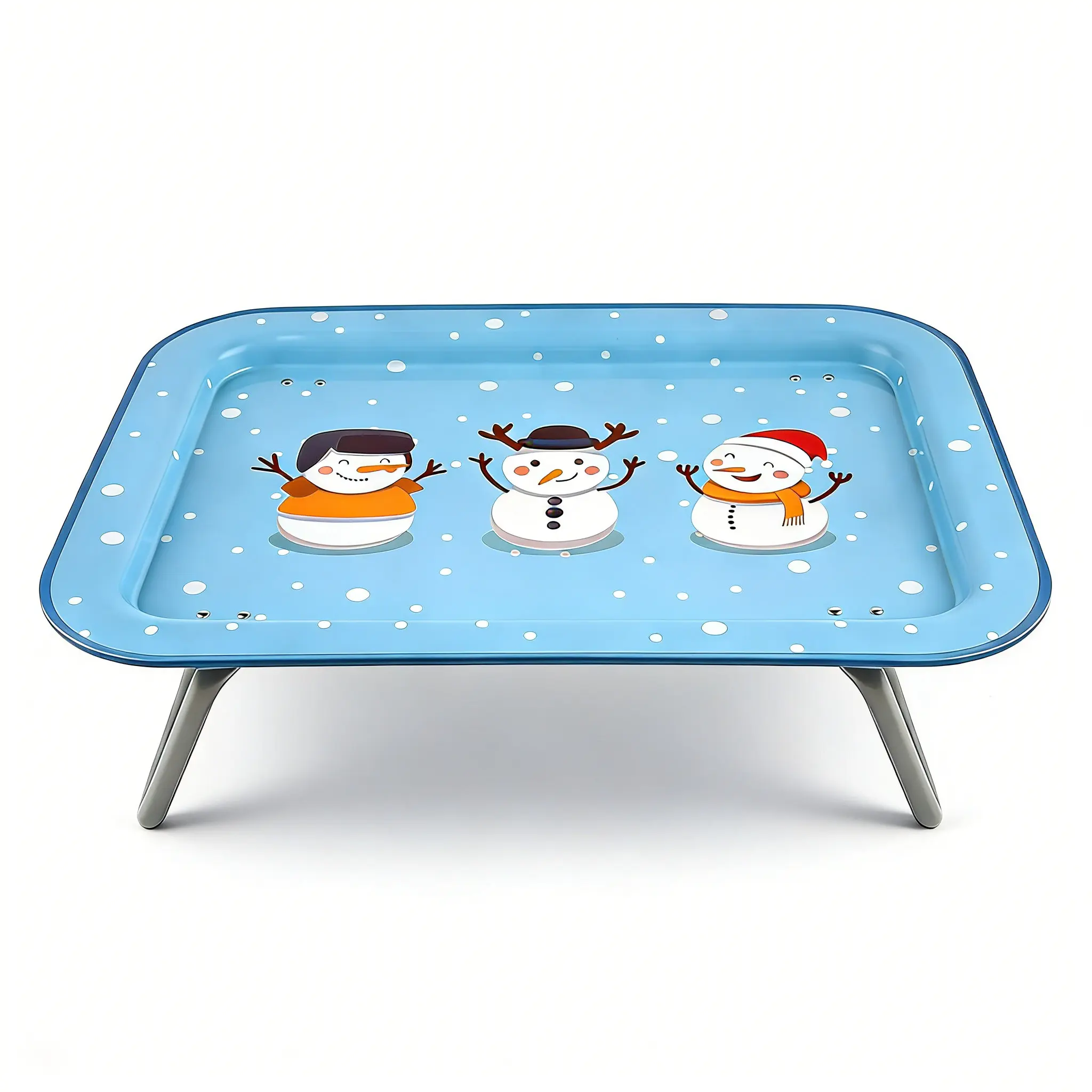 Festive Sky Blue Snowman Rectangular Metal Lap Desk Bed Tray - Foldable Legs, Arc Design, 17x12 in, 1.2 lbs, Space-Saving, Children-Focused, Comfortable Grip Handles, Assembly Required, Hand Wash Only Kitchen Tableware Tray