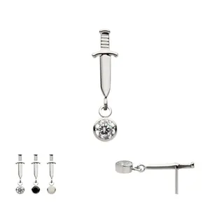 Titanium Threadless Dangle Bezel Round Gem Dagger Flatback Stud Earring