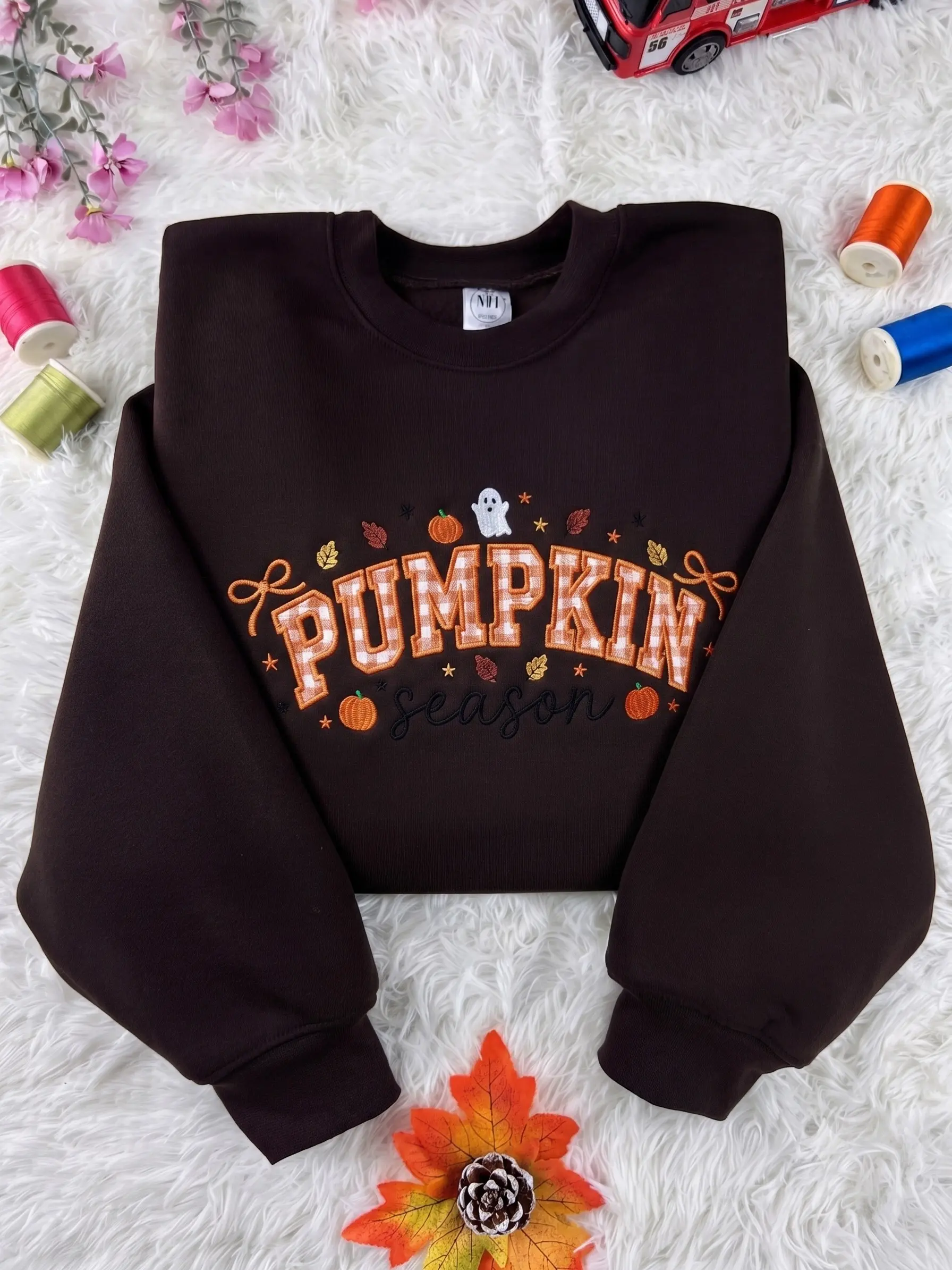 Women's Embroidered Pumpkin Season Long Sleeve Sweatshirt - Gingham Applique, Casual Fit, Comfortable Fabric, Everyday Autumn Thanksgiving Gift Top