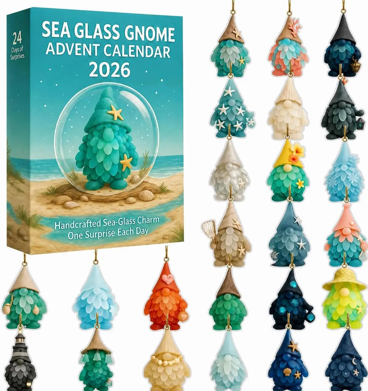 Christmas Gnome Advent Calendar 2026, Handmade Sea Glass Hanging Ornament with Charms, 24 Day Holiday Countdown Decor Gift