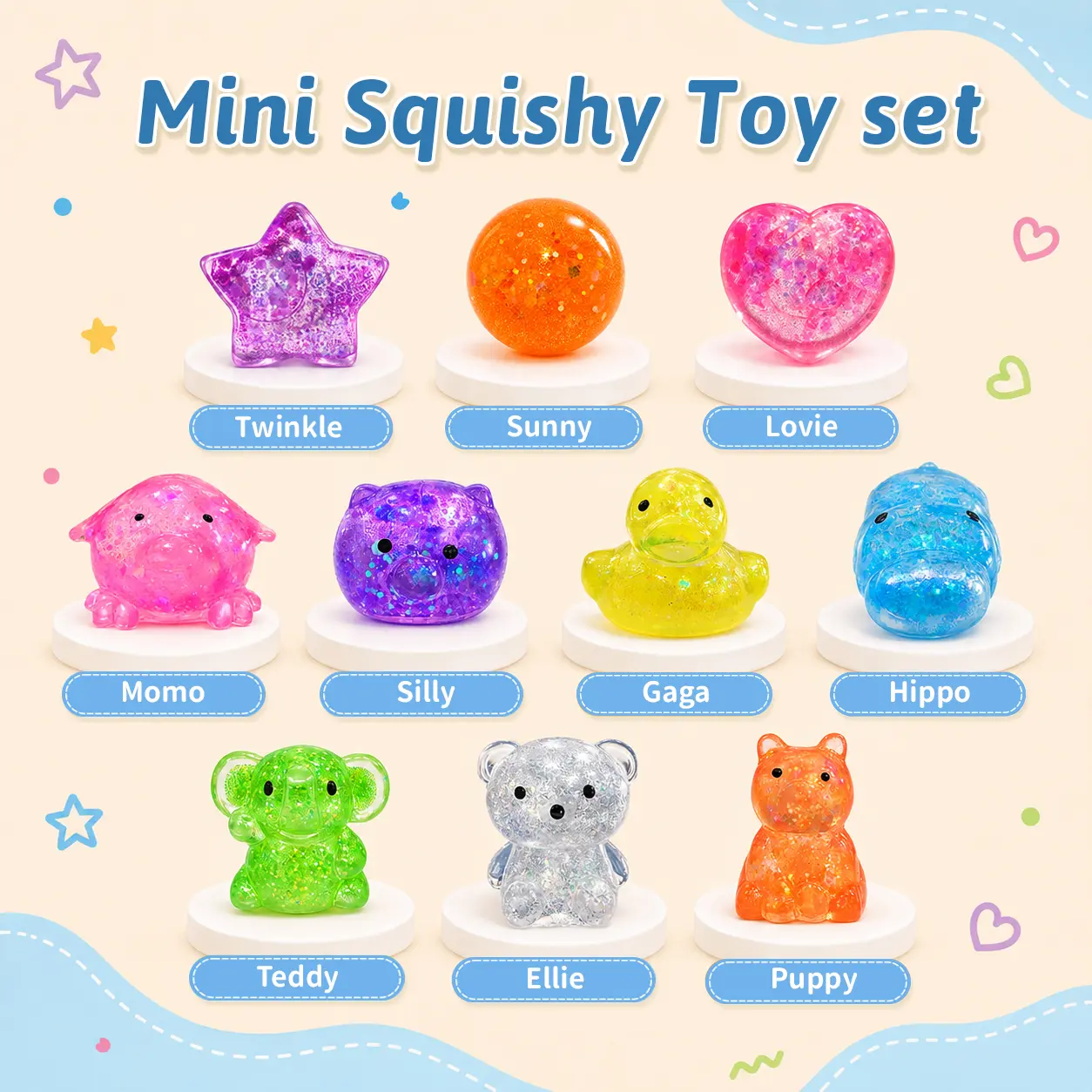 Toggi Lulu 10PCS Mini Squishy Animal Toys Set - Non-Toxic Slow-Rising Fidget Toys, Soft & Stretchy, Party Favors & Birthday Gifts