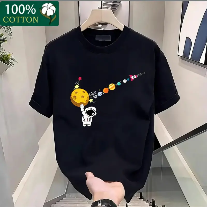 Men's fashion cotton graphic T-shirt featuring space planet elements, breathable and comfortable, machine washable, unisex design, perfect for summer casual wear.