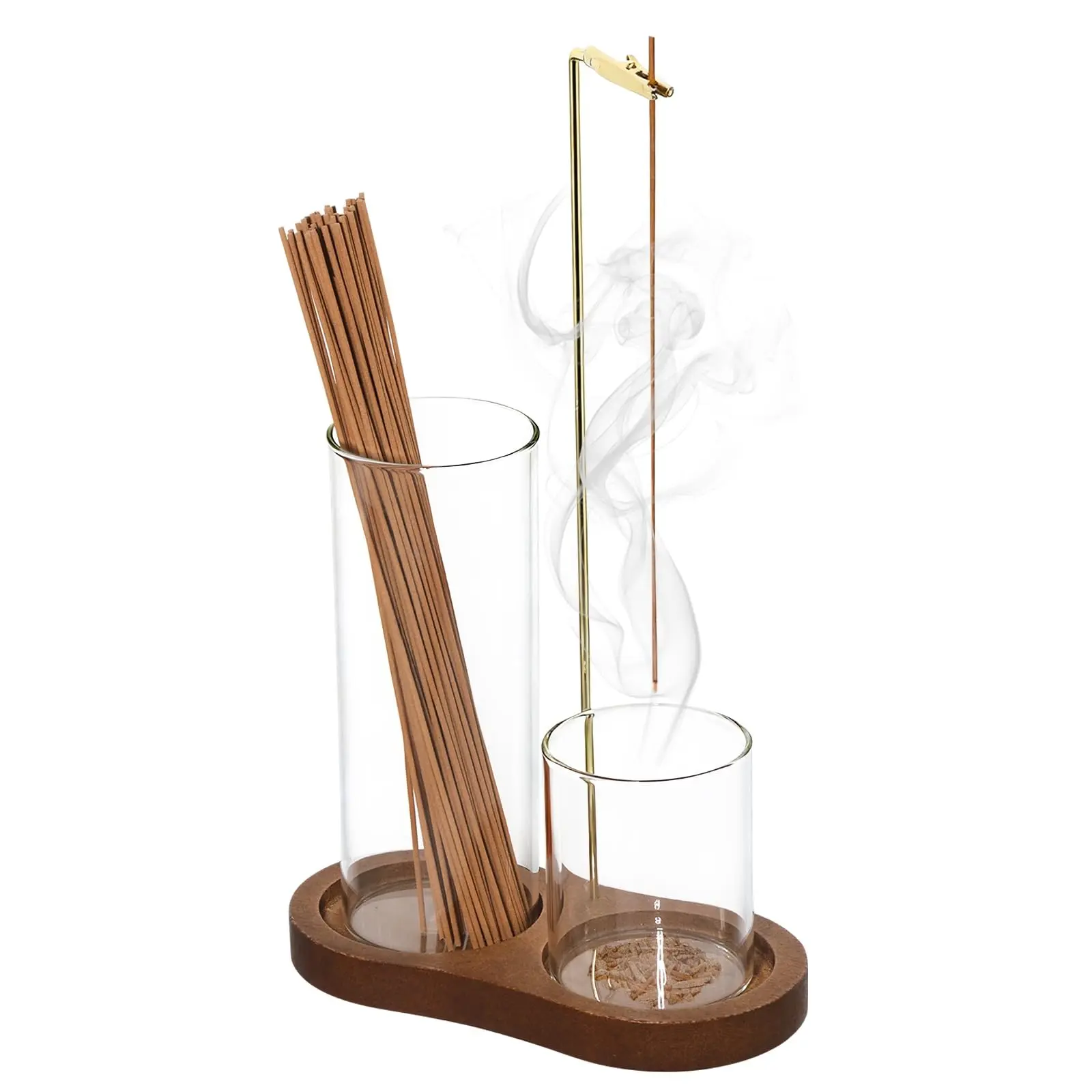 Incense Holder with 2 Tall Glass Bottle,Wooden Base Incense Stick Holder for Desktop,Incense Burner for Ash Collection,Ash Container for Meditation, Yoga, Spa, Home Decor