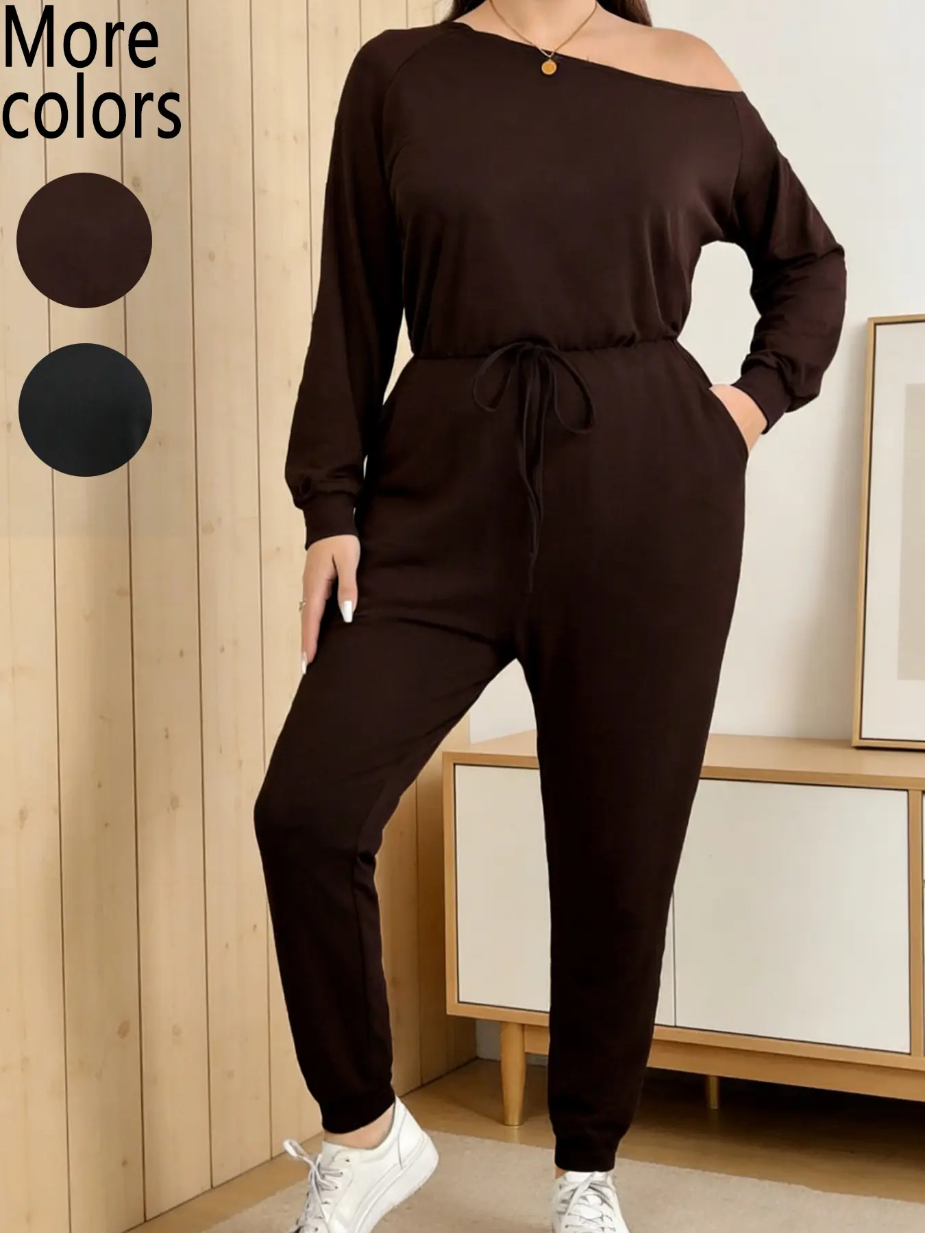 Plus Size, Womenswear, Casual Fashion Jumpsuit, Casual Off-Shoulder Long Sleeve Drawstring Jumpsuit, TikTok Loungewear, Street Style, Stretchy Fabric, Adjustable Waist Detail, Perfect for Coffee Runs, TikTok OOTD Looks