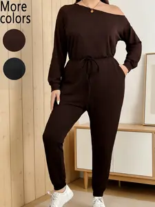 Plus Size, Womenswear, Basic, Minimalist 1 Piece Off-Shoulder Long Sleeve Drawstring Jumpsuit, TikTok Loungewear & Effortless Street Style, Ultra-Soft Stretchy Fabric & Adjustable Waist Detail, Perfect for Coffee Runs & TikTok OOTD Looks