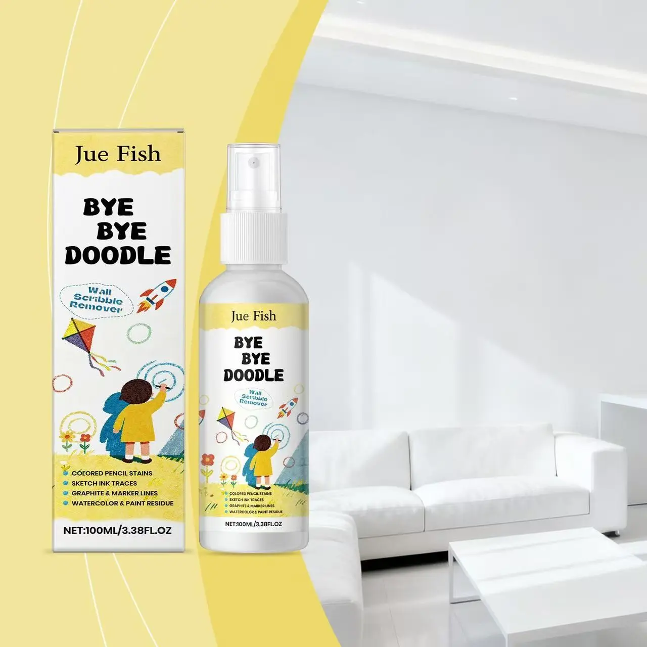 Jue Fish Wall Graffiti Cleaner, Home Wall Stain Remover, Pencil Crayon Instant Clean Spray, Household Cleaning Solution