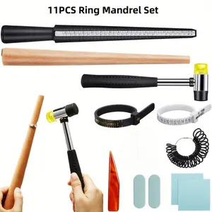 11pcs Professional Ring Mandrel Set | Sizes 1-13, Dual Ring Size Gauges (US & UK), Jewelry Hammer, Polishing Cloths, and Agate Knife - Ideal for DIY to Craftsmen