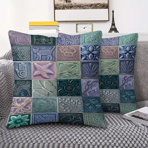 Intricate Decorative Throw Pillow Featuring Digital Print Designs of Vibrant Ceramic Tiles, Cool Tones Palette with Inner Cushion and Sea Creatures Motifs, 45cm Square, Embossed Texture for a Chic Home Decor Accent, Ideal for Living Room & Bedroom