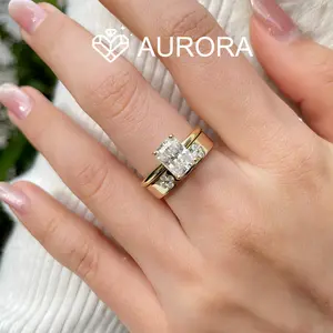 【#123 Clover combo】1.5mm Synthetic Moissanite Wedding Band Set & 2-Carat Synthetic Moissanite Engagement Ring