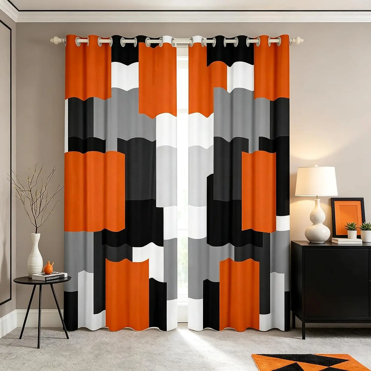 Geometric Curtains Bedroom Living Room Orange Black Gray Blackout Shades Plaid Buffalo Check Room Darkening Curtain Modern Art Window Treatments,2 Panels Decor