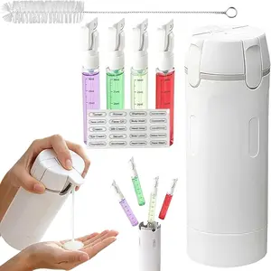 4-In-1 Refillable Leak-Proof Portable Travel Toiletry Bottle Set with Scrub Brush, Holds Shampoo, Shower Gel, Laundry Detergent, Ideal for Travel, Camping, Compact Reusable Liquid Storage Vessel for Outdoor Use