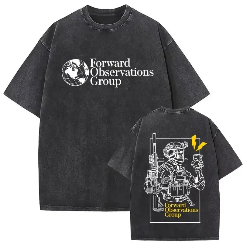 Forward Observations Group Vintage Washed T-Shirt Skull Pattern T-Shirt Men's Streetwear Fashion Loose T-Shirt