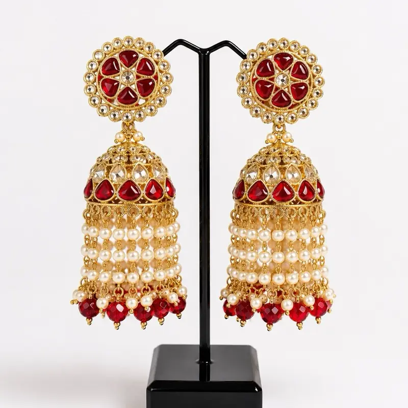 Jhumki Earrings - Traditional Design with Red and White Beads, Elegant and Timeless Style