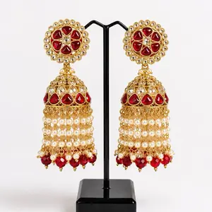Jhumki Earrings - Traditional Design with Red and White Beads, Elegant and Timeless Style