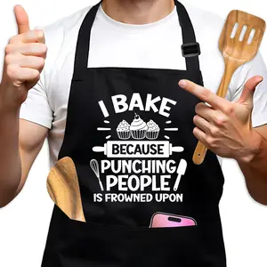 Funny Baking Aprons for Women, I Bake Because Punching People is Frowned Upon Black Apron, Adjustable Kitchen Cooking Apron with Pockets, Baker Gifts, Birthday Gifts for Mom Wife Bake Lover