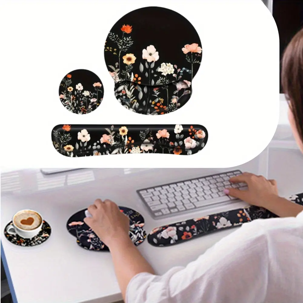 3-in-1 different size keyboard wrist rest pad set, mouse pad with wrist rest, tea coaster, memory foam pad, anti-slip rubber base, suitable for offices, games, computers, laptops