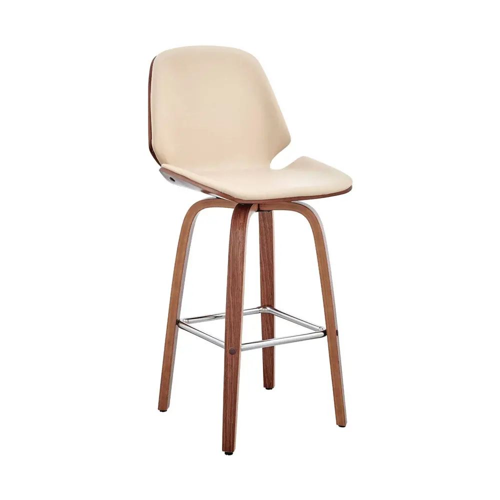 26" Arabela Counter Height Barstool with Cream Faux Leather Seat Walnut Finish Frame - Armen Living: Swivel High Back Footrest