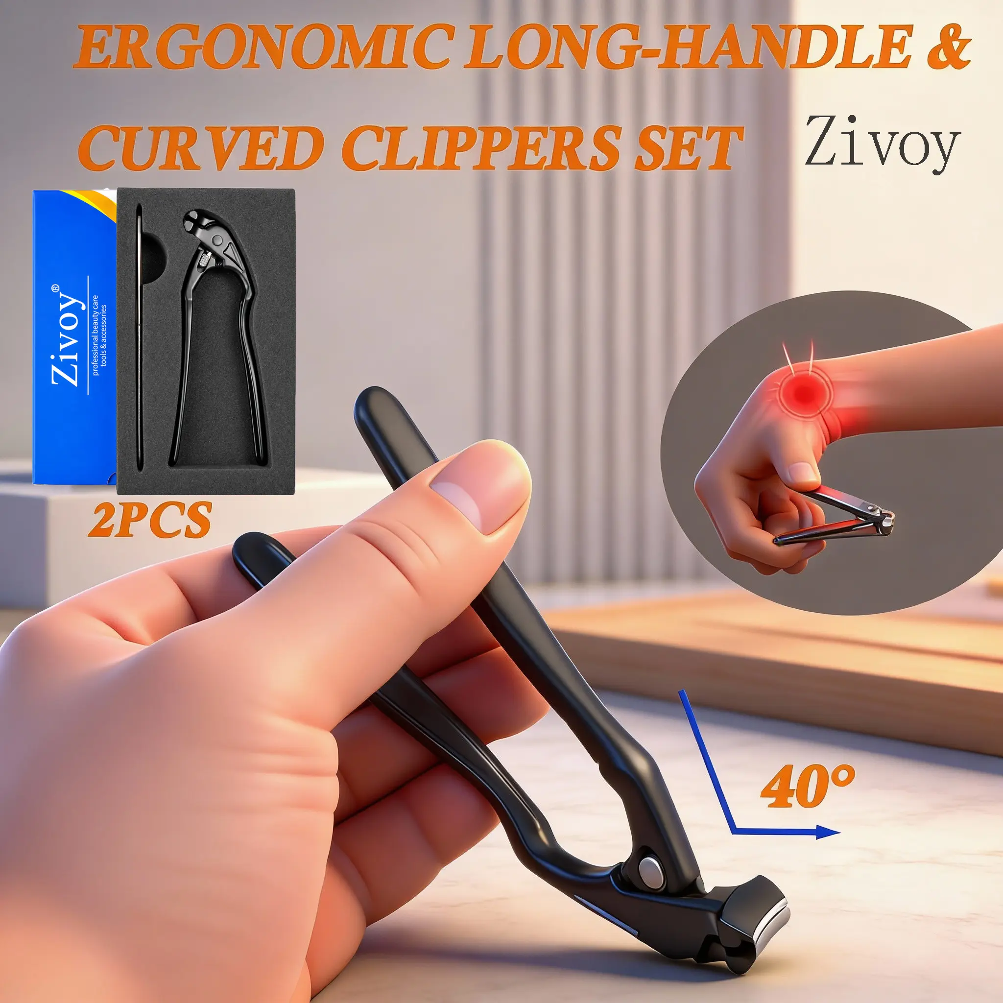Zivoy Black Curved Tip Nail Clipper with Extra Long Handle Ergonomic Design for Seniors Large Opening Sharp Durable Blade Ideal for Toenail Care