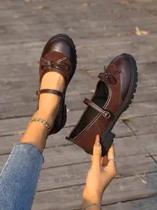 Fashion Leopard Print Chunky Heel Mary Jane Shoes Women, Bow Buckle Strap Single Shoe, Vintage Sweet Cool Style Height Increasing Small Leather Shoes