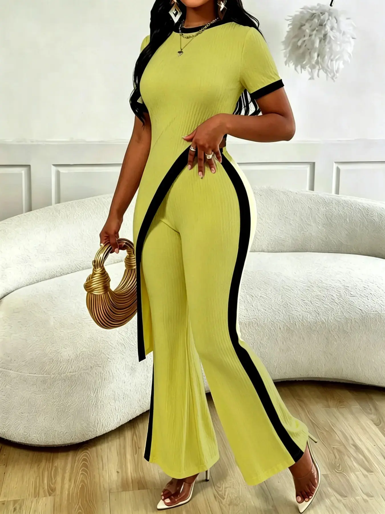 Women's Summer Fashion Set Elegant High Stretch Asymmetrical Sleeve Top and Wide Leg Pants