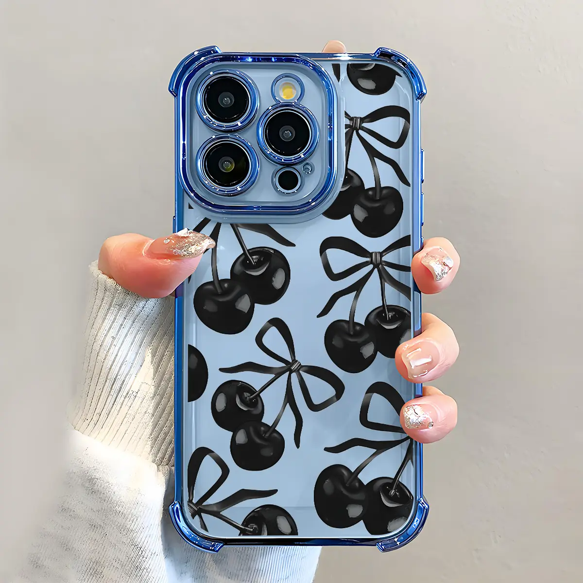 Black Cherry Print Phone Case for iPhone 11 12 13 14 15 16 Pro Max Plus - Electroplated, Drop-Proof Airbag Shockproof Slim Soft TPU Cover for Women