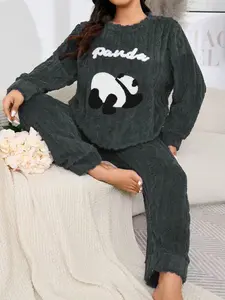 Cute Panda Pattern Deep Blue Plush Pajama Set, Soft Skin-Friendly Top with Letters, Winter Home Wear Loungewear Suitable for Outdoor Use