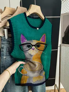 Women's Elegant Loose-Fitting Round Neck Sleeveless Knit Top, Womenswear, Floral Pattern, Animal, Fall & Winter Fashion, Outerwear with Vest