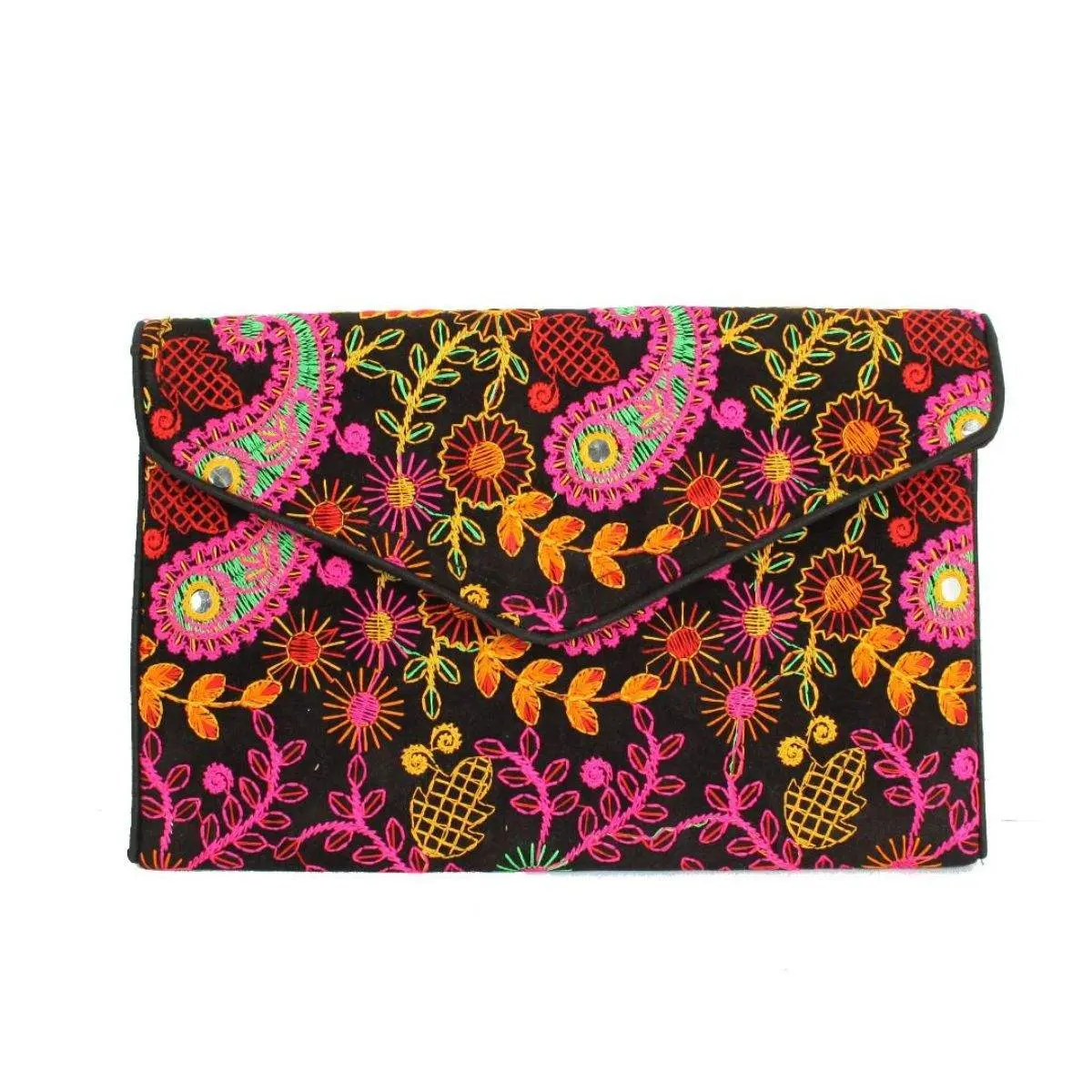 Women's Black Embroidered Envelope Clutch Bag - Stylish Flap Purse for Evening Use, Travel Luggage Accessory, Embroidery, Wristlet