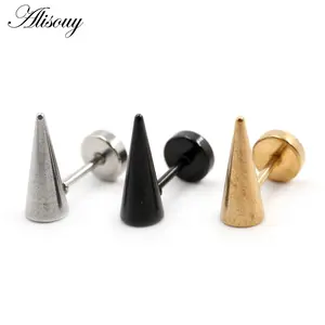 Alisouy 2pcs Unisex Gothic Punk HipHop Stainless Steel Spike Cone Dumbbell Barbell Piercing Men Women Screw Ear Stud Earrings