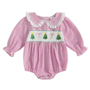 Infant Baby Girl Christmas Smocked Bubble Romper Lace Trim Peter Pan Collar Puff Long Sleeve Gingham Sweatshirt Onesie Bodysuit