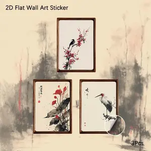 2D Flat Wall Art Sticker, 3Pcs PVC Self-Adhesive Framed Wallpaper Decal, Traditional Chinese Ink Wash Painting Wall Art, Oriental Nature Decor for Home, Office, Dorm, Gift for Art Lovers and Oriental Culture Enthusiasts