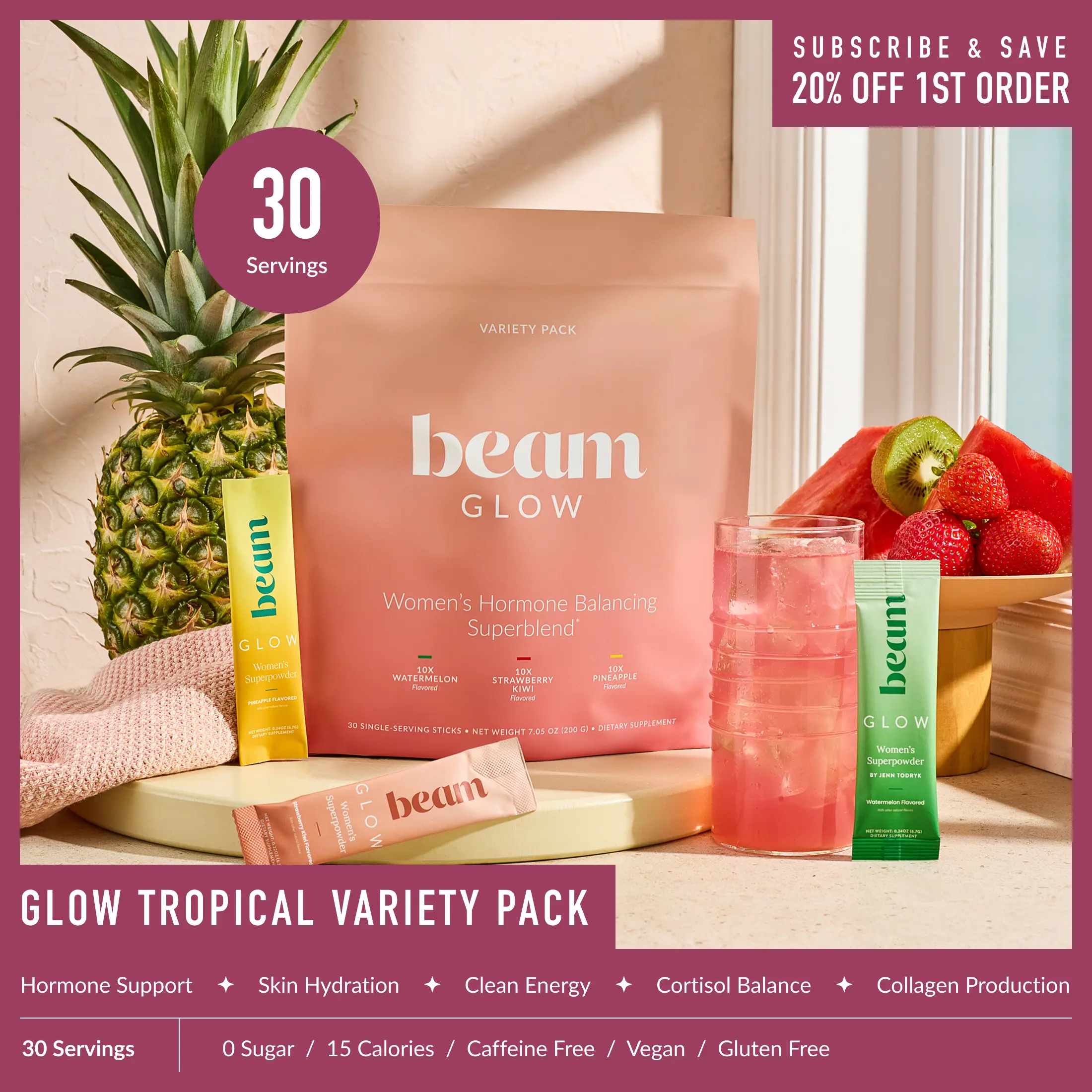 Beam Glow Variety Pack Dietary Collagen Beauty Wellness Supplement - 30 Single-Serve Vitamin Sticks for Women’s Hormone Balance, Skin, Hair, Nail Support (Strawberry Kiwi, Raspberry, Blue Raspberry, Watermelon Superblend) | Summer Sale