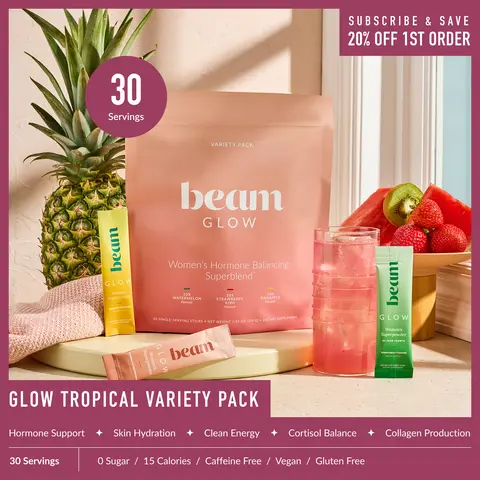 Beam Glow Women’s Wellness Drink Mix Variety Pack – Hormone Balance, Skin, Hair & Nail Support, Sugar Free, Caffeine Free, 15 Calories, 4 Flavors, 30 Sticks