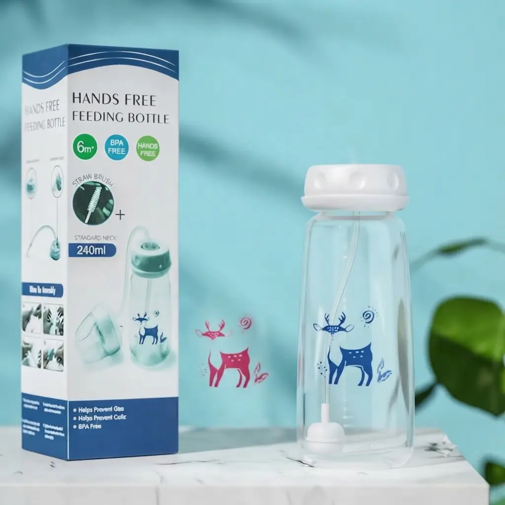Hands-Free Anti-Colic Baby Bottle, 8oz BPA-Free Glass-Like Infant Straw Cup, Drop-Proof and High Temperature Resistant for 6-9 Months Babies, Gift Box