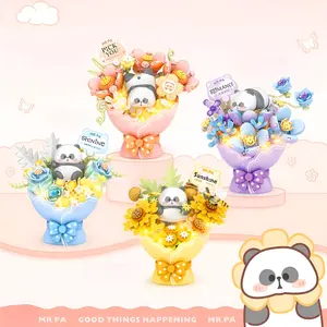4 Styles Panda Building Block Flower Cartoon Mini Bouquet Panda Eternal Flower with Light Bouquet Ornament Gift for Girls Children Holiday Gift Birthday Gift Assembly Building  Block Toy Ornament