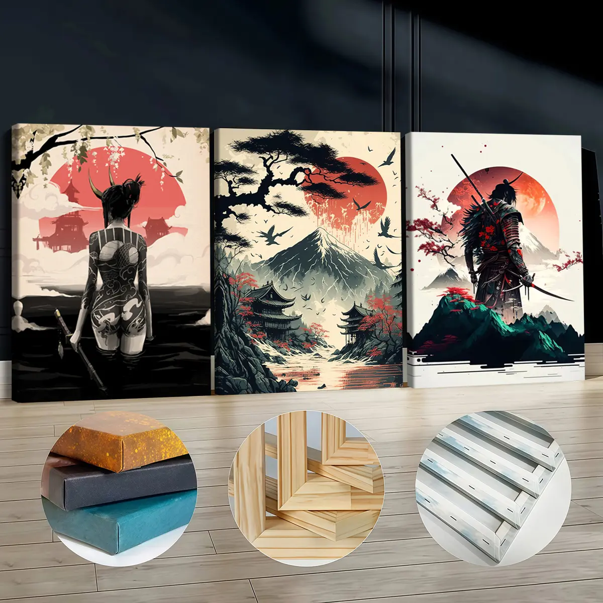 3Pcs Durable Wooden-Framed Canvas Prints - Artistic Japanese Samurai & Scenery Comic Anime Kawaii Decor, Waterproof Odorless Wall Art, Unique Room Decor for Living Room, Bedroom Home Supplies Decoration, Kid Room