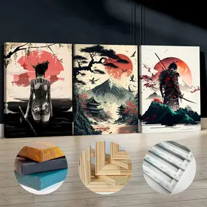 3Pcs Wooden Framed Canvas Painting, Japanese Samurai And Scenery Images, Exquisite Poster, Home Decoration, Pattern Wall Art Decor, For Living Room, Bedroom, Office, Restaurant, Bar Wall Decor, Waterproof, Odorless, Painting, Print Artwork.