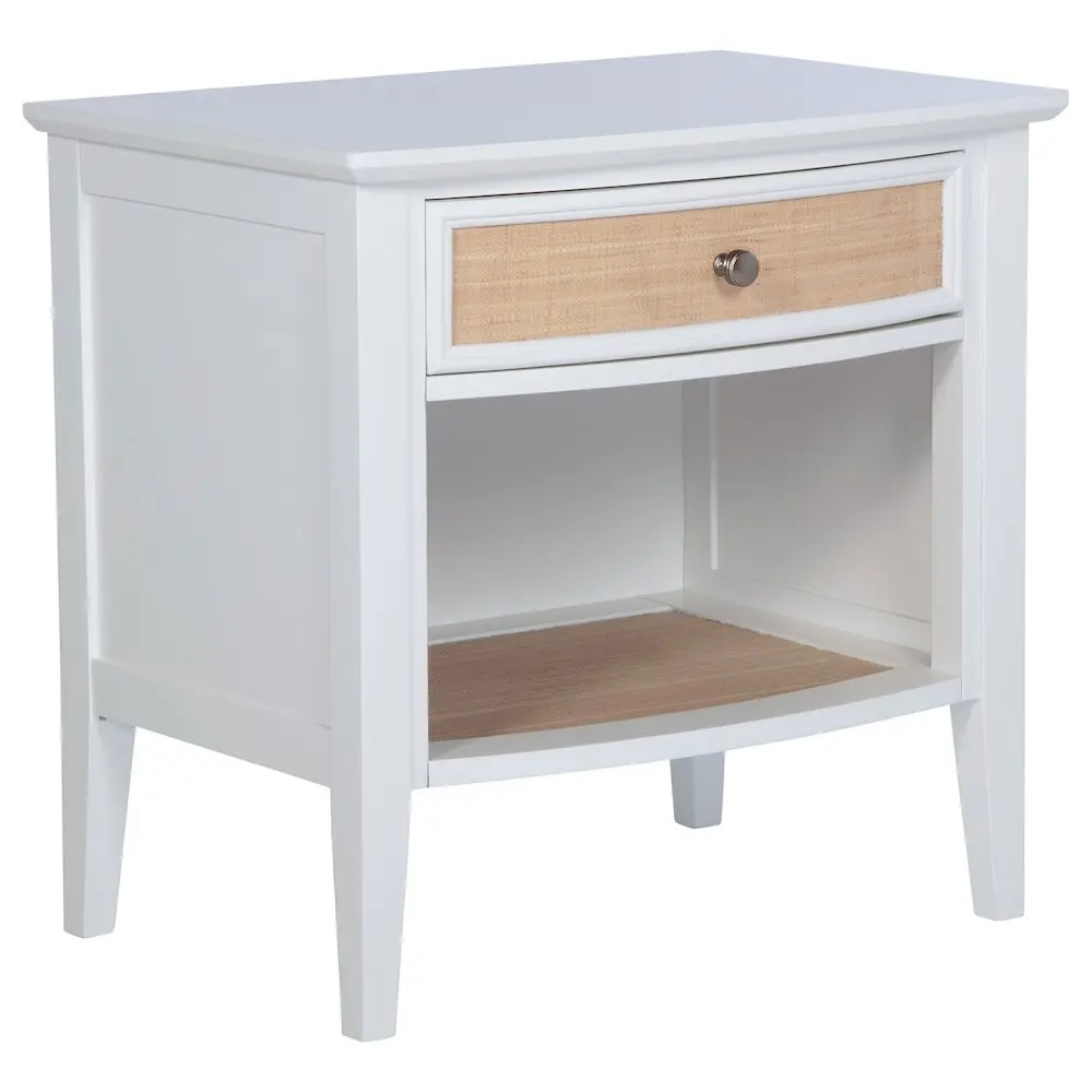 Bexhill Coastal Luxury Nightstand with 1 Drawer, 1 Shelf - Single Unit Indoor Furniture Side Table with Natural Rattan Accents, White Storage Bedroom Bedside Table