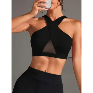 Sport Studio Solid Color Mesh Patchwork Criss-Cross Wrap Sports Bra
