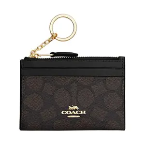 COACH Skinny ID Case 11 for Women – Logo-Embossed Metal Zip Closure, Faux Leather and Plastic Cardholder in Walnut and Black