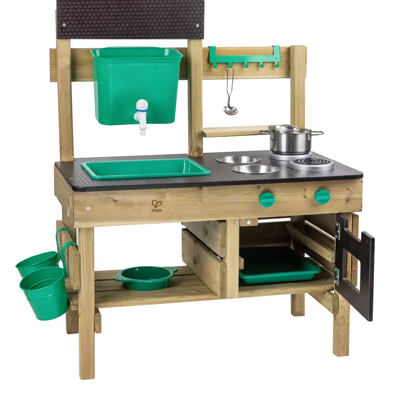 Hape Durable Wood Montessori Pretend Play Kitchen Toddler Playset (30.3 x 18.11 x 39 inches) for 3+ Years - Outdoor Anti-Corrosive, Battery-Free, ASTM F963, with Water Tank, Sieve, Ladle, Food, Veggie Pots, Accessories, Imaginative Play Kids Gift