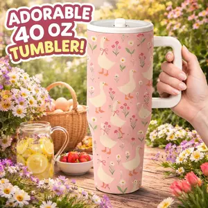 AuraCup 1pc 40oz Insulated Tumbler with Handle and Lid, Drinkware, Flasks, Cute Duck Floral Pattern Stainless Steel Travel Mug, Pastel Farm Style Large Capacity Vacuum Cup for Coffee Tea, Keeps Cold 12 Hours Hot 6 Hours, Gift for Home Office Outdoor Use
