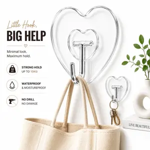Clear Heart Wall Hooks, Decorative Waterproof Self Adhesive Hooks for Bathroom, Bedroom, Entryway, Keys, Bags, Coats & Home Decor