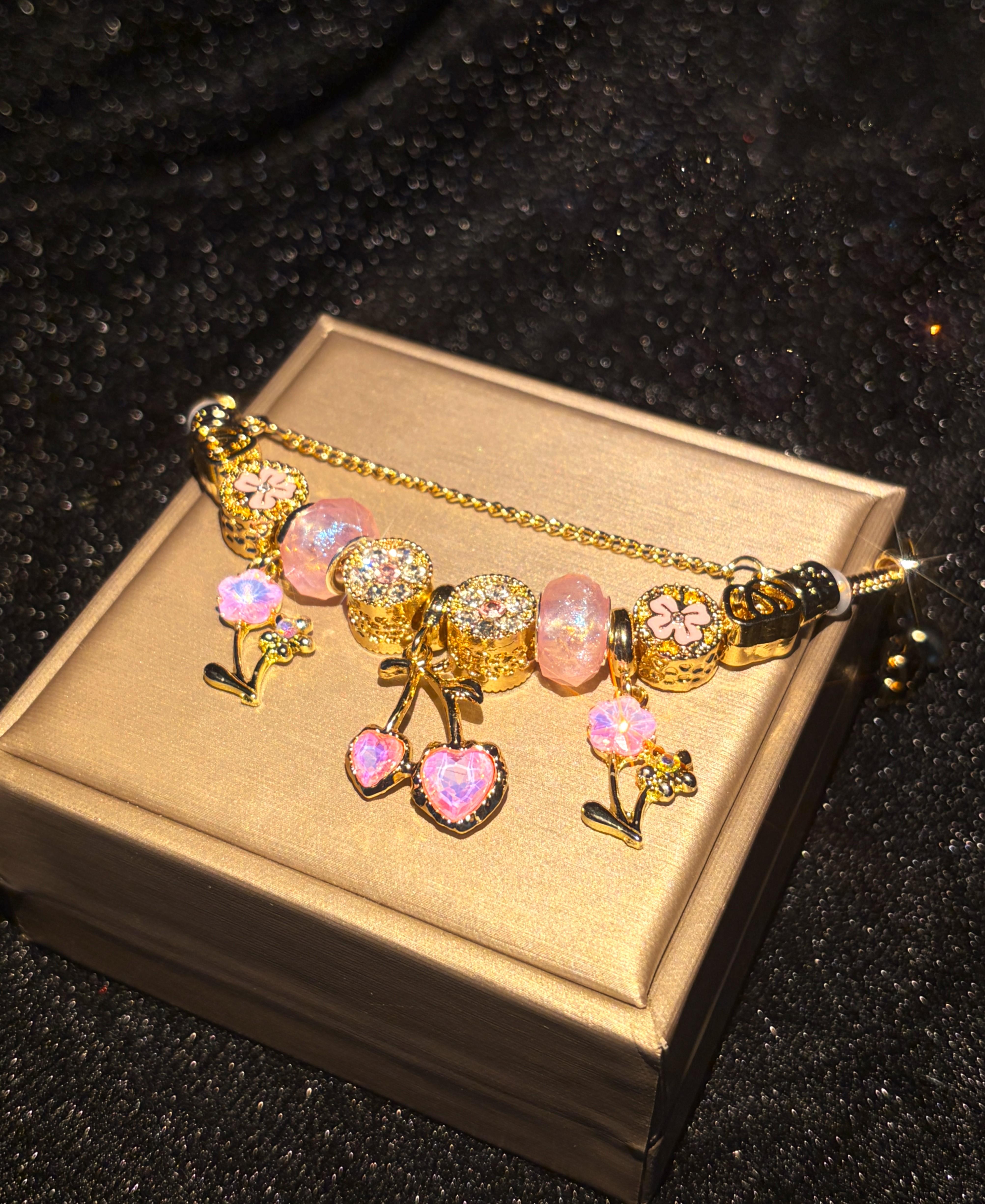 Women's Gold-Tone Adjustable Charm Bracelet - Sparkly Pink Heart, Flower Beads, Rhinestone Crystals - Fashion Costume Jewelry Gift Women's Gold-Tone Adjustable Charm Bracelet - Sparkly Pink Heart, Flower Beads, Rhinestone Crystals - Fashion Costume Jewelry Gift