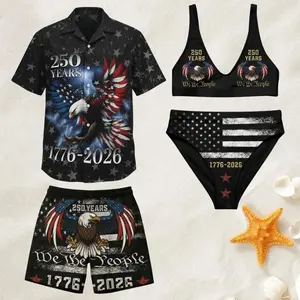 USA 250 Matching Couple Swimwear Set, Patriotic Eagle Flag Shirt Shorts & Women’s Bikini
