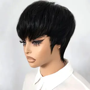 Short Razor Cut Wavy Bob Pixie Wigs Non Lace Front Human Hair Wigs With Bangs For Women Full Machine Made Brazilian Remy Hair