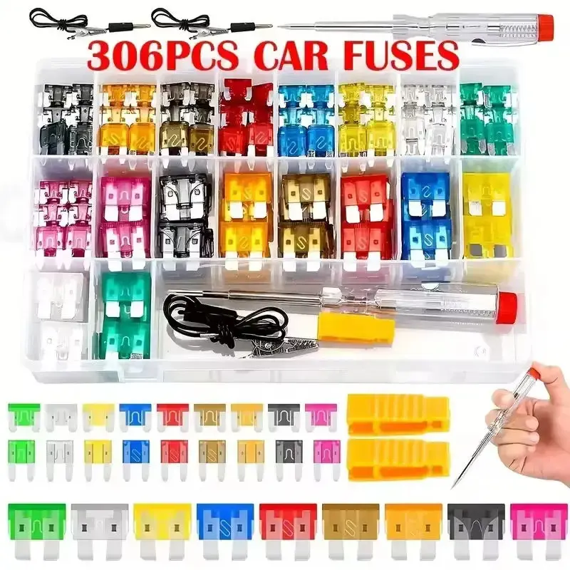 306PCS car blade fuse combination, equipped with car blade fuses in various colored plastic trays, Organized, suitable for automotive Testing applications, Compatibility