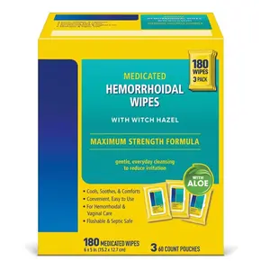 Medicated Hemorrhoid Wipes with Witch Hazel & Aloe – 180 Count (3×60 Packs) Flushable Hemorrhoidal Cleansing Wipes for Soothing, Irritation Relief & Personal Care