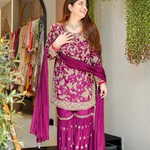 Women's Heavy Georgette Suit Plazzo Wear Punjabi Sharara in Rich Magenta with Embroidered Details and Matching Dupatta